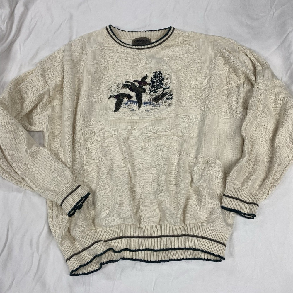 Vintage Cedar Falls Duck Sweater Cream Knit Mallard Hunting Grandpa Core 2XL